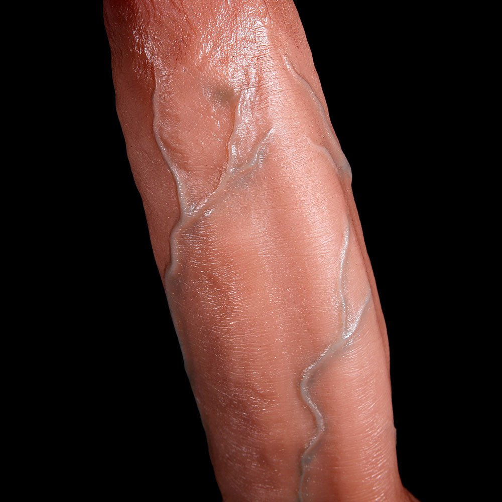 zoom-in on raised veins and ultra-realistic skin texture of dual-layer silicone shaft