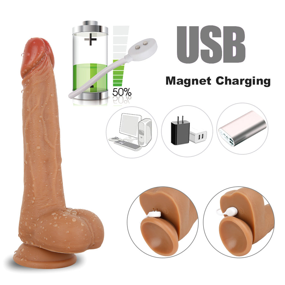 multiple charging methods displayed for the rechargeable thrusting dildo