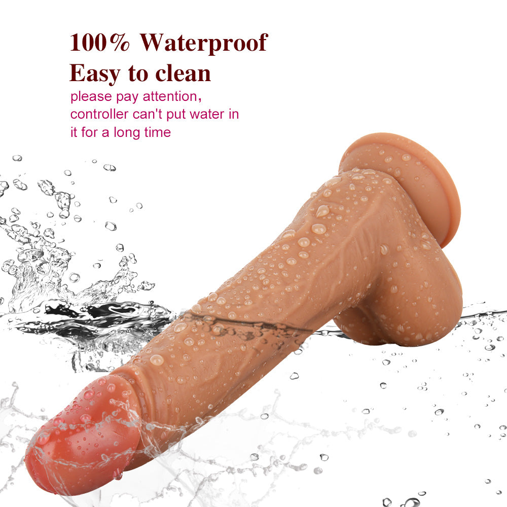 waterproof vibrating dildo shown wet to indicate safe submersible design
