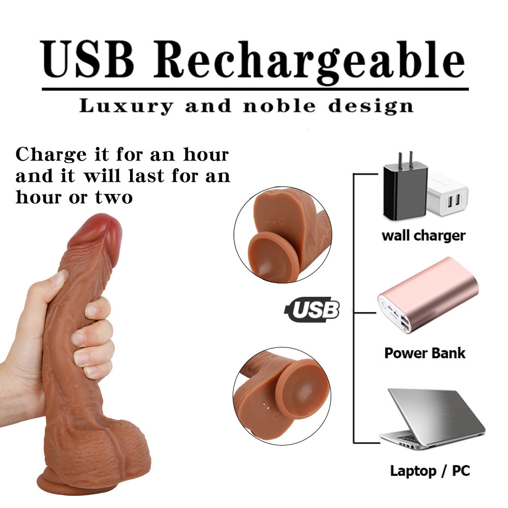 display of USB cable and compatible charging options for the vibrating dildo
