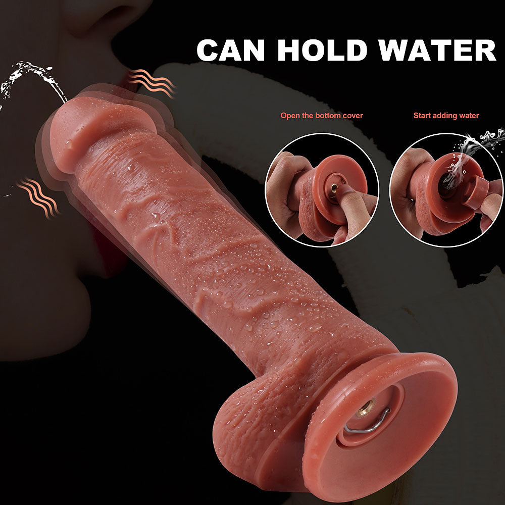 dildo with suction cup base and fluid chamber loading for squirting feature