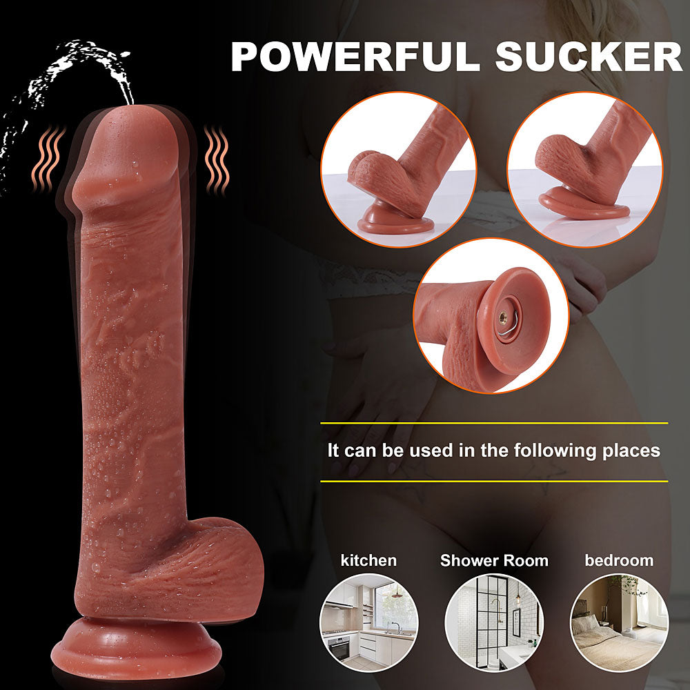 close-up of sculpted testicles and wide suction base for hands-free play