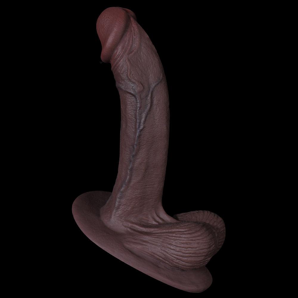 9 inch ultra realistic dildo in deep coffee silicone with curved shaft and lifelike skin texture