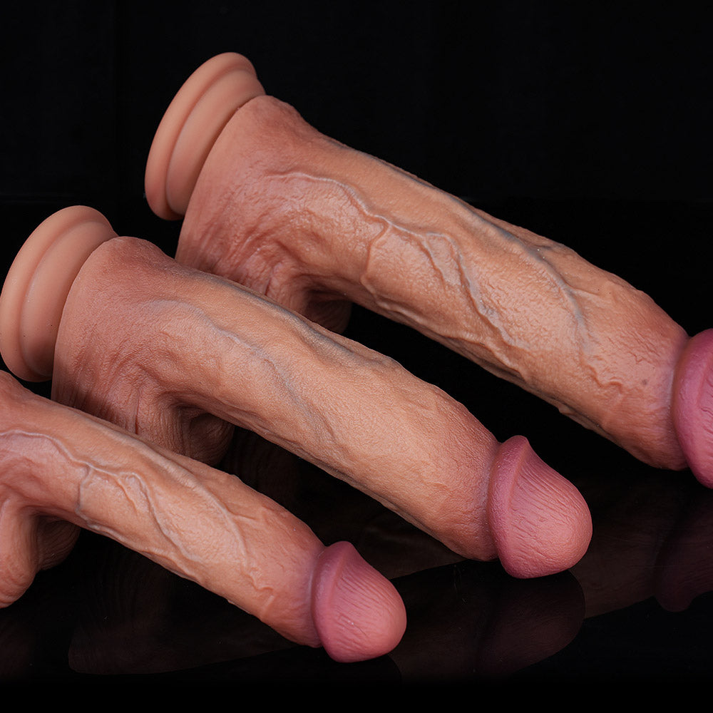 6, 7.5, and 9.5 inch light flesh dildos in size order with visible curved shafts and smooth finish