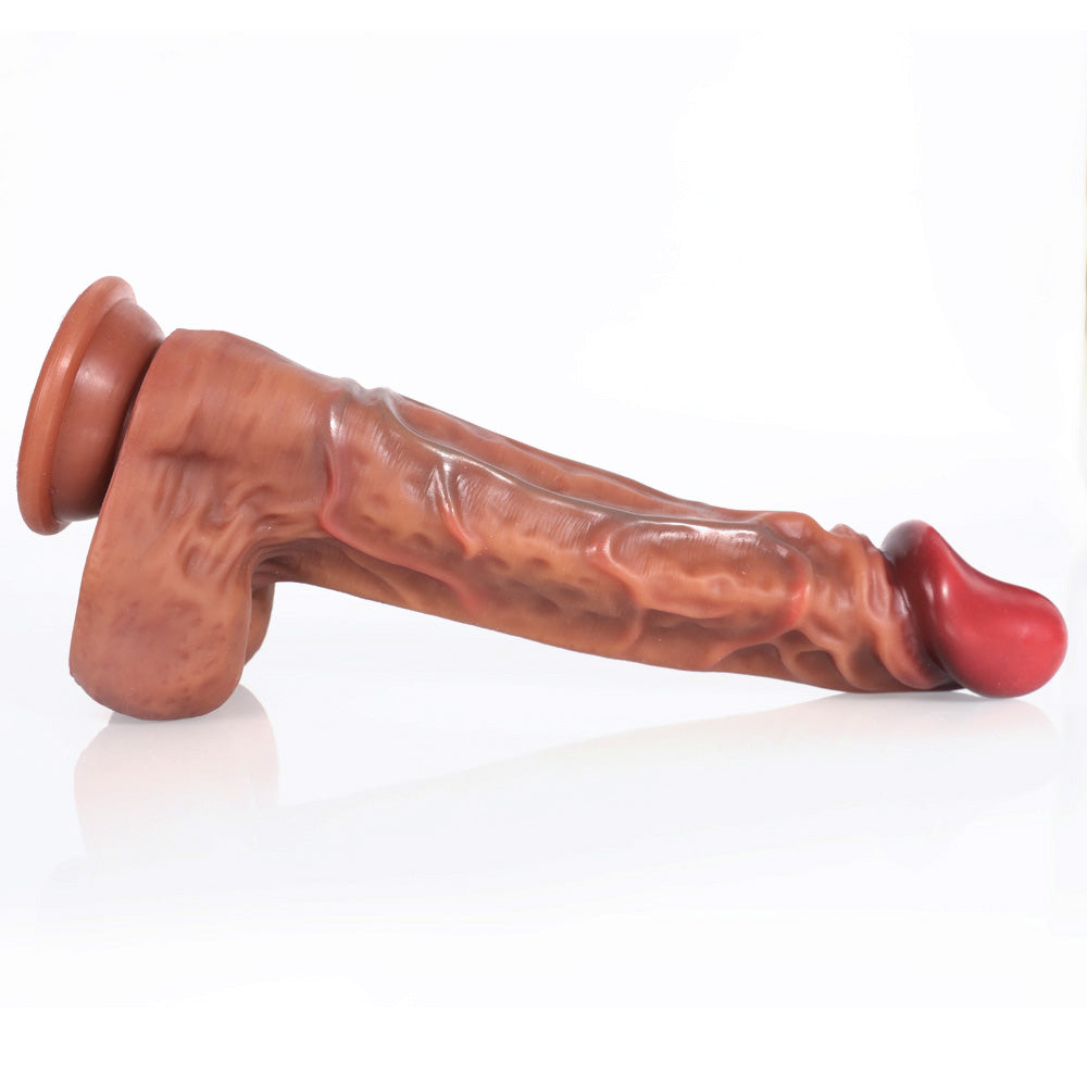 side-lying view of thick dildo with sculpted veins and suction base for hands-free play