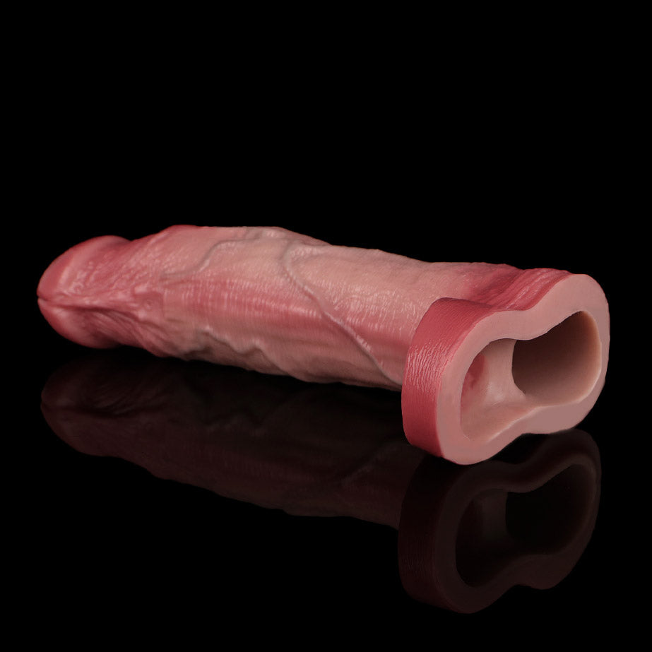 JV82 Luxe Realistic Vibrating Penis Extension Sleeve 8 Inch with Textured Inner Canal and 10 Intense Patterns