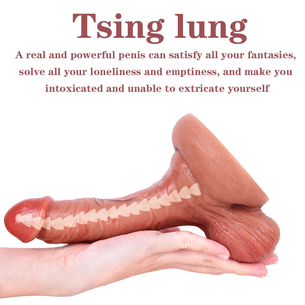 hand holding 7.5 inch realistic dildo upright to show size, shape, and curved structure