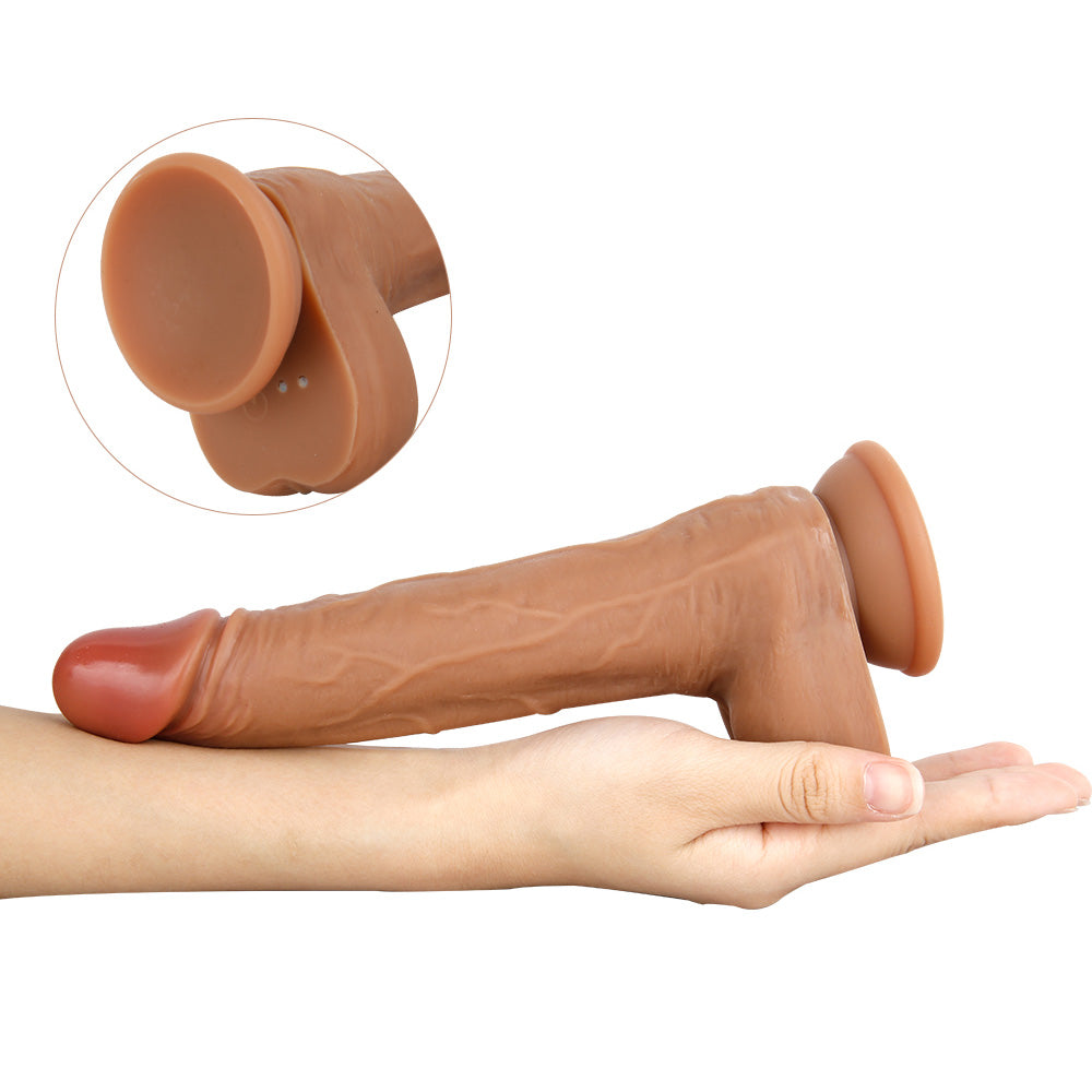 dildo placed on arm to show size, curvature, and sculpted shaft realism