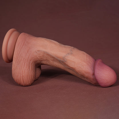 dildo shown lying sideways with visible coronal ridge, raised veins, and wide suction base