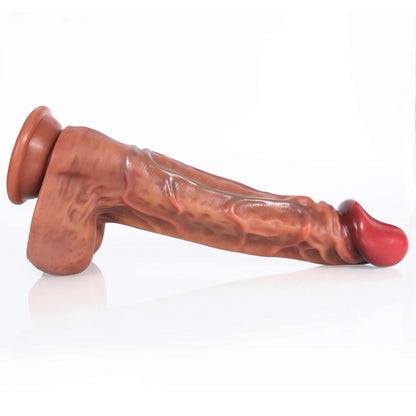 side-lying view of thick dildo with sculpted veins and suction base for hands-free play