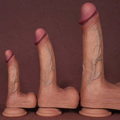 6, 8, and 10 inch light flesh dildos standing upright with curved shafts and detailed surface texture