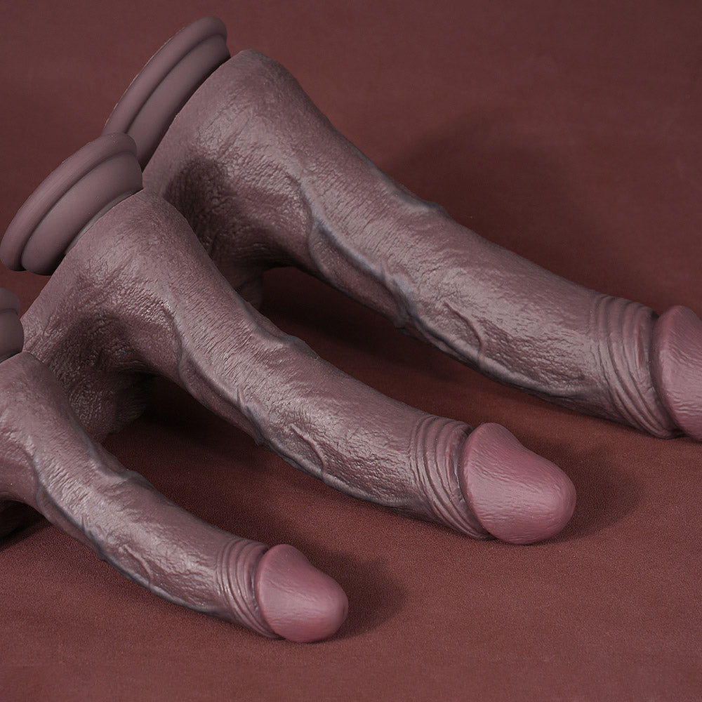 6, 8, and 10 inch dildos lying flat side-by-side with visible shape, base, and texture contrast