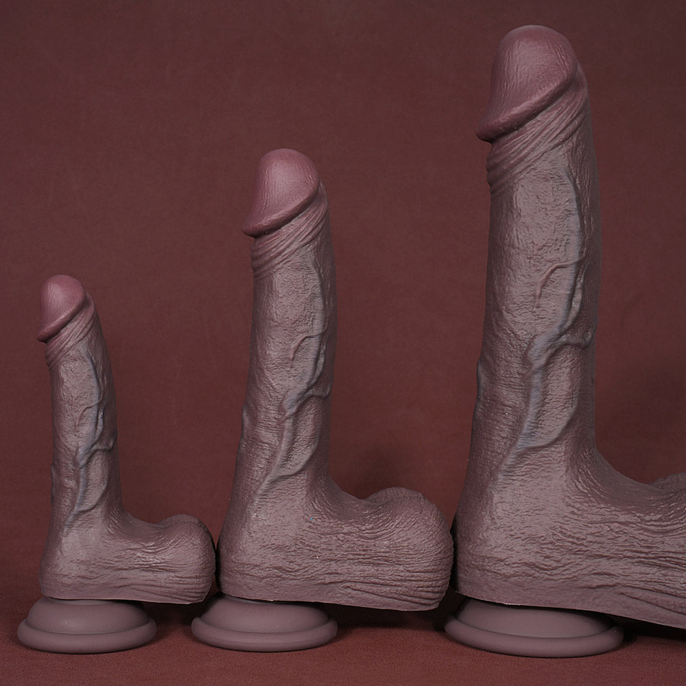 6, 8, and 10 inch dildos in upright position showing size progression and curved design