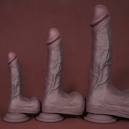6, 8, and 10 inch dildos in upright position showing size progression and curved design