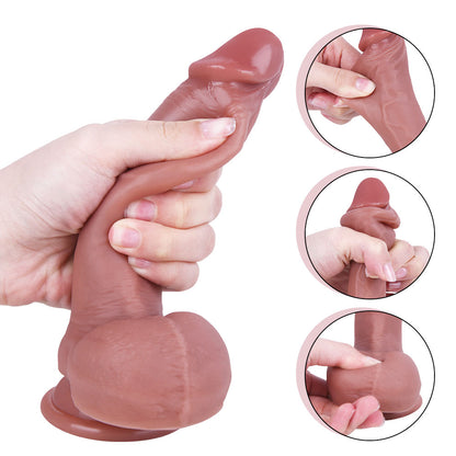 close-up of finger sliding foreskin on soft, skin-like silicone dildo