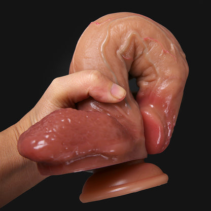 hands bending dildo shaft in half to demonstrate dual-layer flexibility and core support