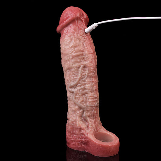 JV75 Luxe Lifelike Vibrating Penis Extension Sleeve 9 Inch with 3 Inch Extra Length and 10 Vibration Modes