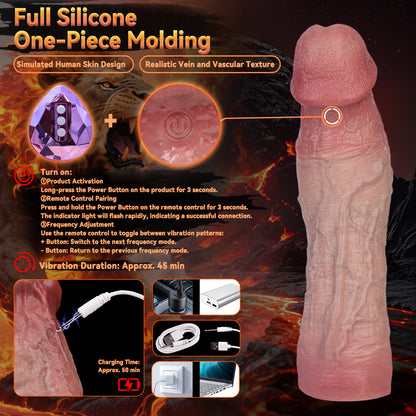 JV78 Luxe Realistic Vibrating Penis Extender 9 Inch with Extra 2.5 Inch Length and 10 Intense Stimulation Patterns