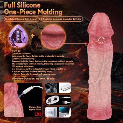 JV81 Luxe Ultra-Realistic Silicone Vibrating Penis Extender 9.5 Inch with Remote Control and 10 Vibration Modes