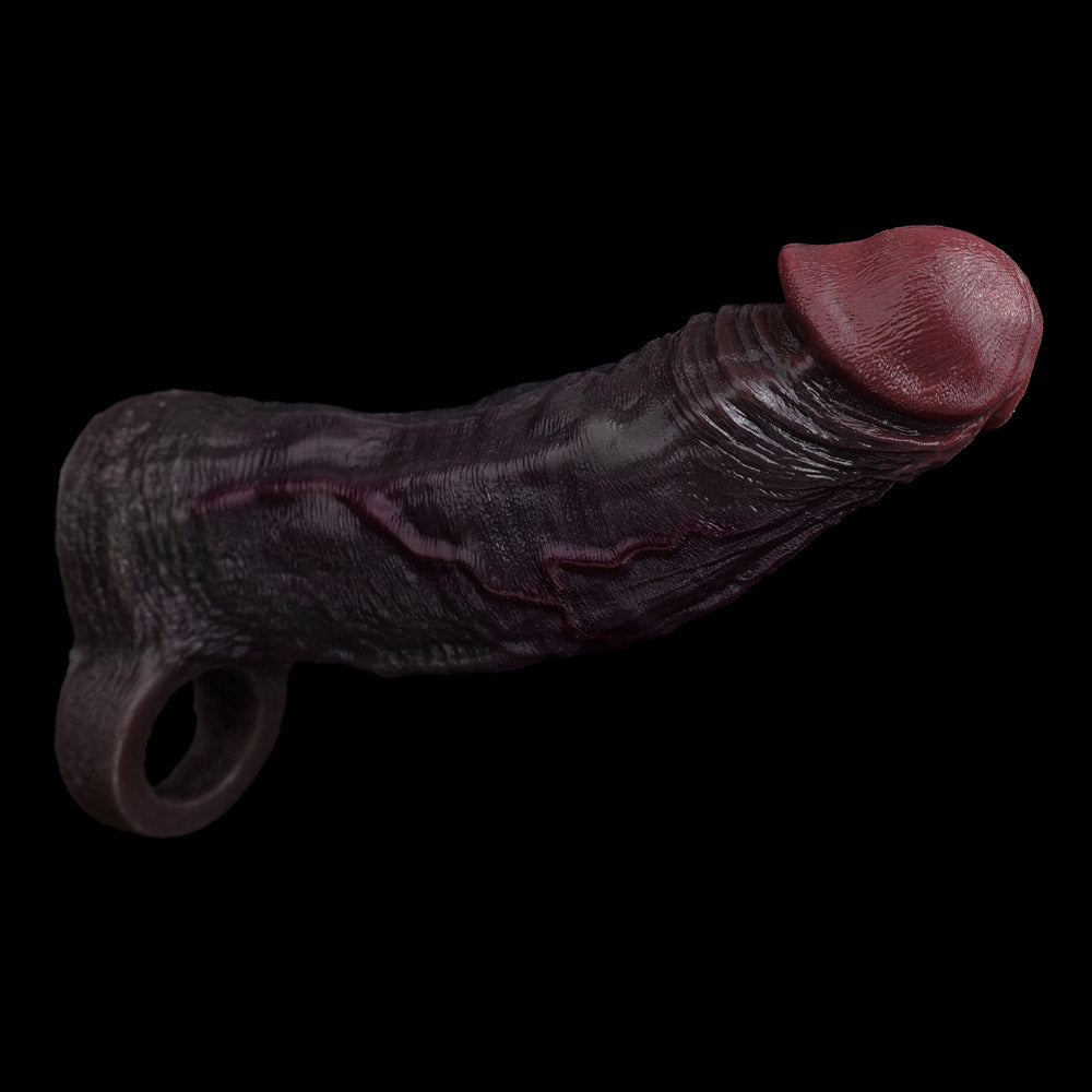 JC74 Luxe Life-Like Penis Extender 7.5 Inch in Deep Skin Tone with Prominent Ridge and Natural Skin Fold Texture