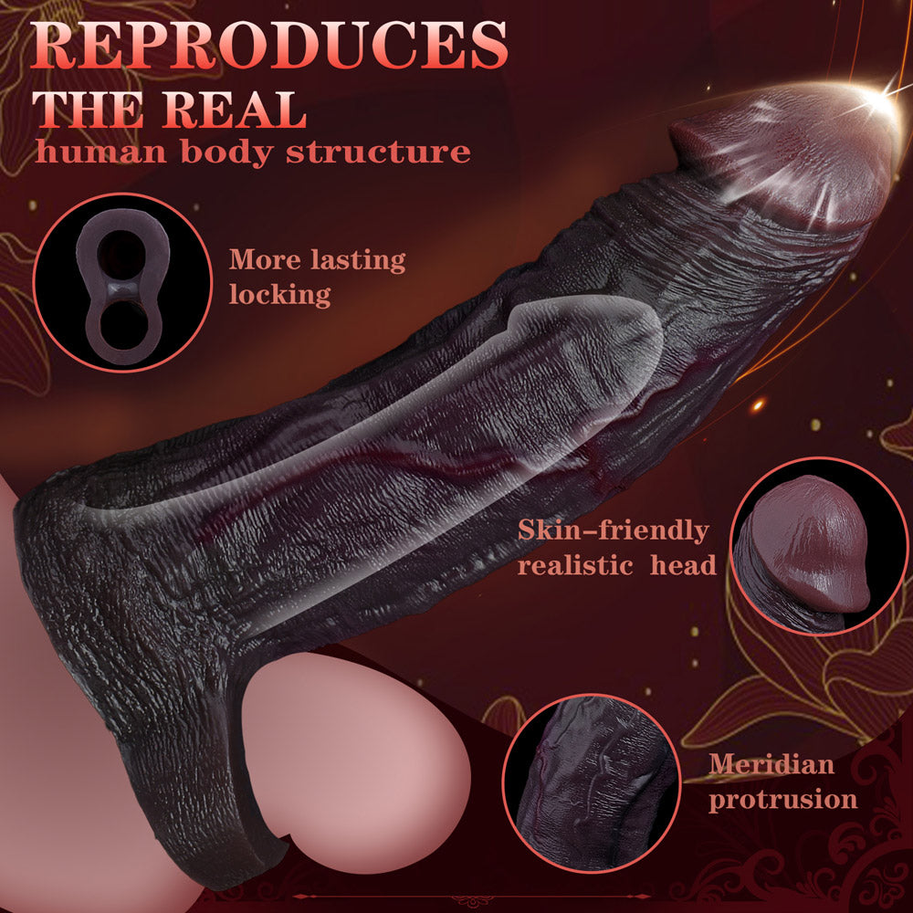 JC74 Luxe Life-Like Penis Extender 7.5 Inch in Deep Skin Tone with Prominent Ridge and Natural Skin Fold Texture