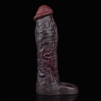 JC75 Luxe Ultra-Real Silicone Penis Extender 8 Inch with Raised Veins and Bold Coronal Ridge in Deep Coffee Skin Tone