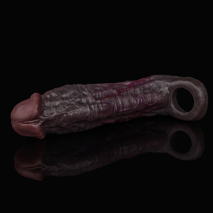 JC75 Luxe Ultra-Real Silicone Penis Extender 8 Inch with Raised Veins and Bold Coronal Ridge in Deep Coffee Skin Tone