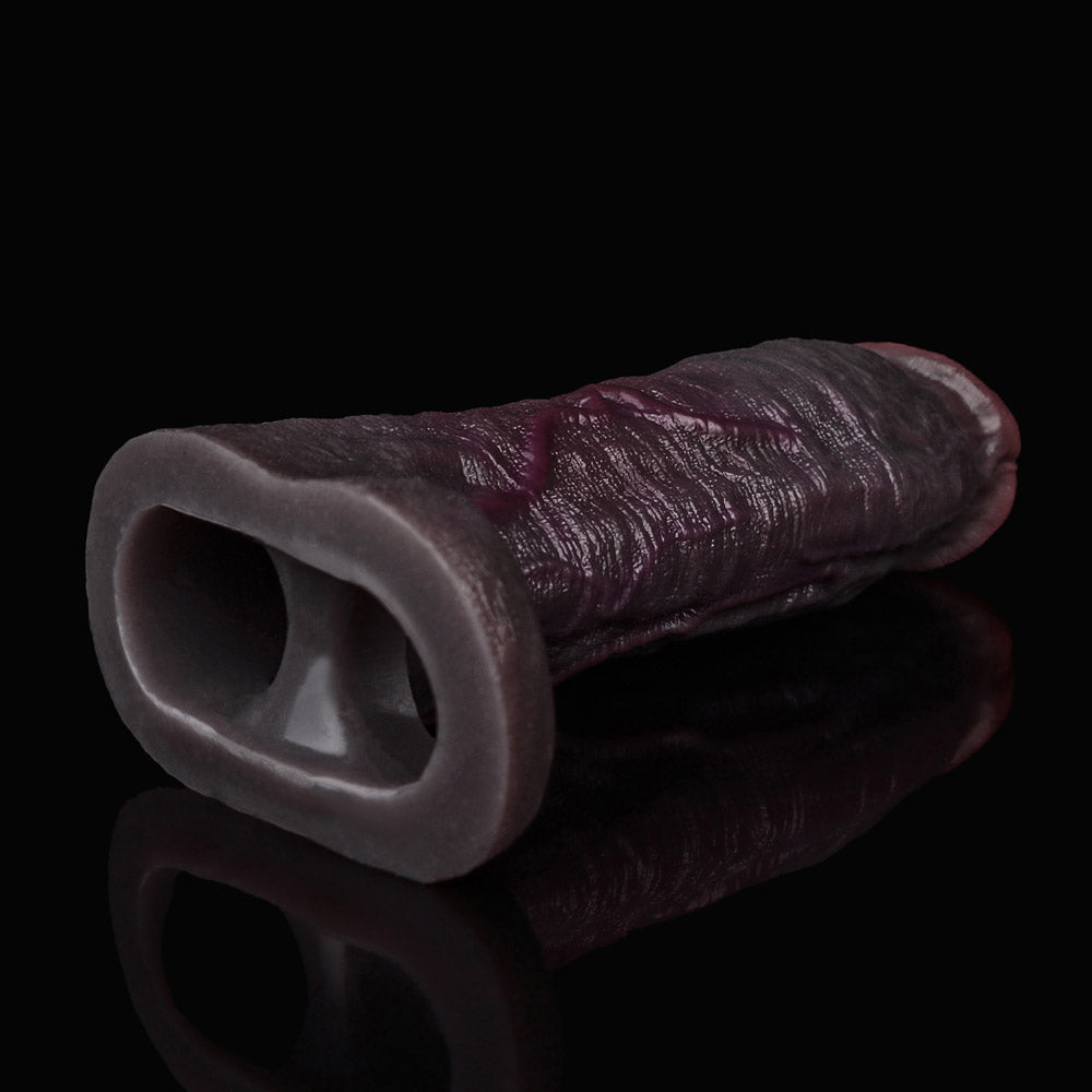 JC75 Luxe Ultra-Real Silicone Penis Extender 8 Inch with Raised Veins and Bold Coronal Ridge in Deep Coffee Skin Tone