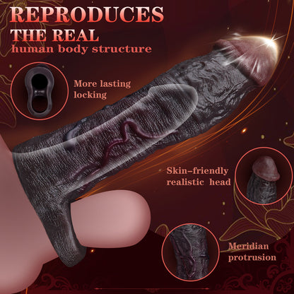 JC75 Luxe Ultra-Real Silicone Penis Extender 8 Inch with Raised Veins and Bold Coronal Ridge in Deep Coffee Skin Tone