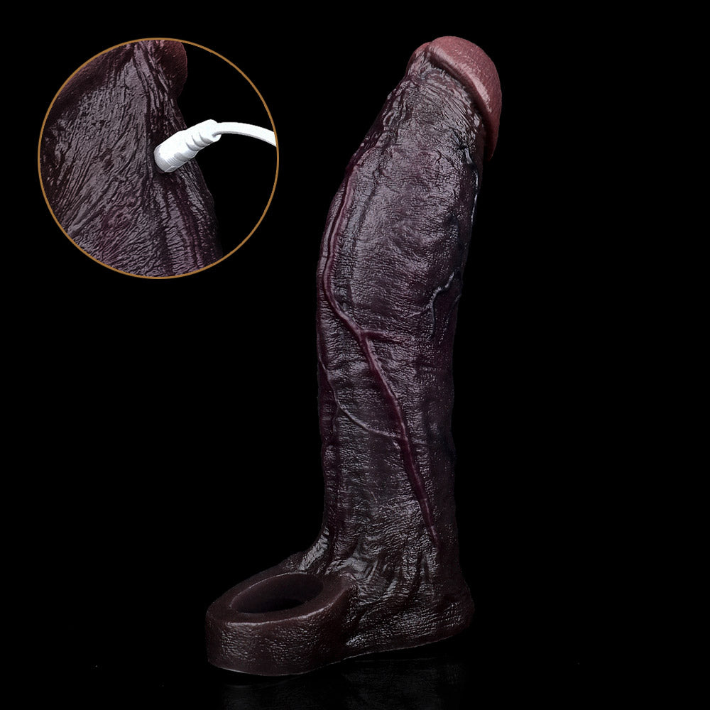 JE83 Luxe Realistic Deep-Skin-Tone Vibrating Penis Extension Sleeve 8 Inch with 3 Inch Instant Boost and Wireless Remote