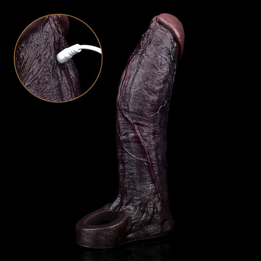 JE83 Luxe Realistic Deep-Skin-Tone Vibrating Penis Extension Sleeve 8 Inch with 3 Inch Instant Boost and Wireless Remote