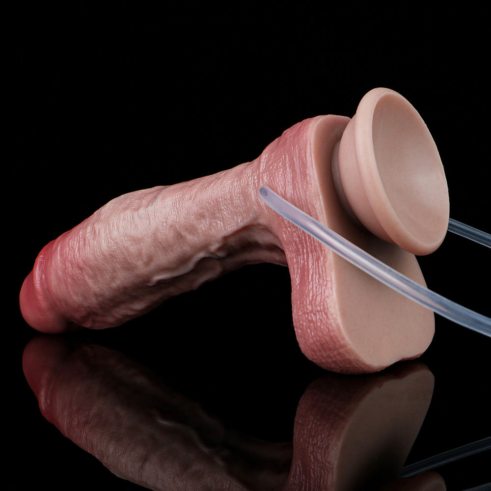 suction cup base of squirting inflatable dildo for hands-free or strap-on harness play