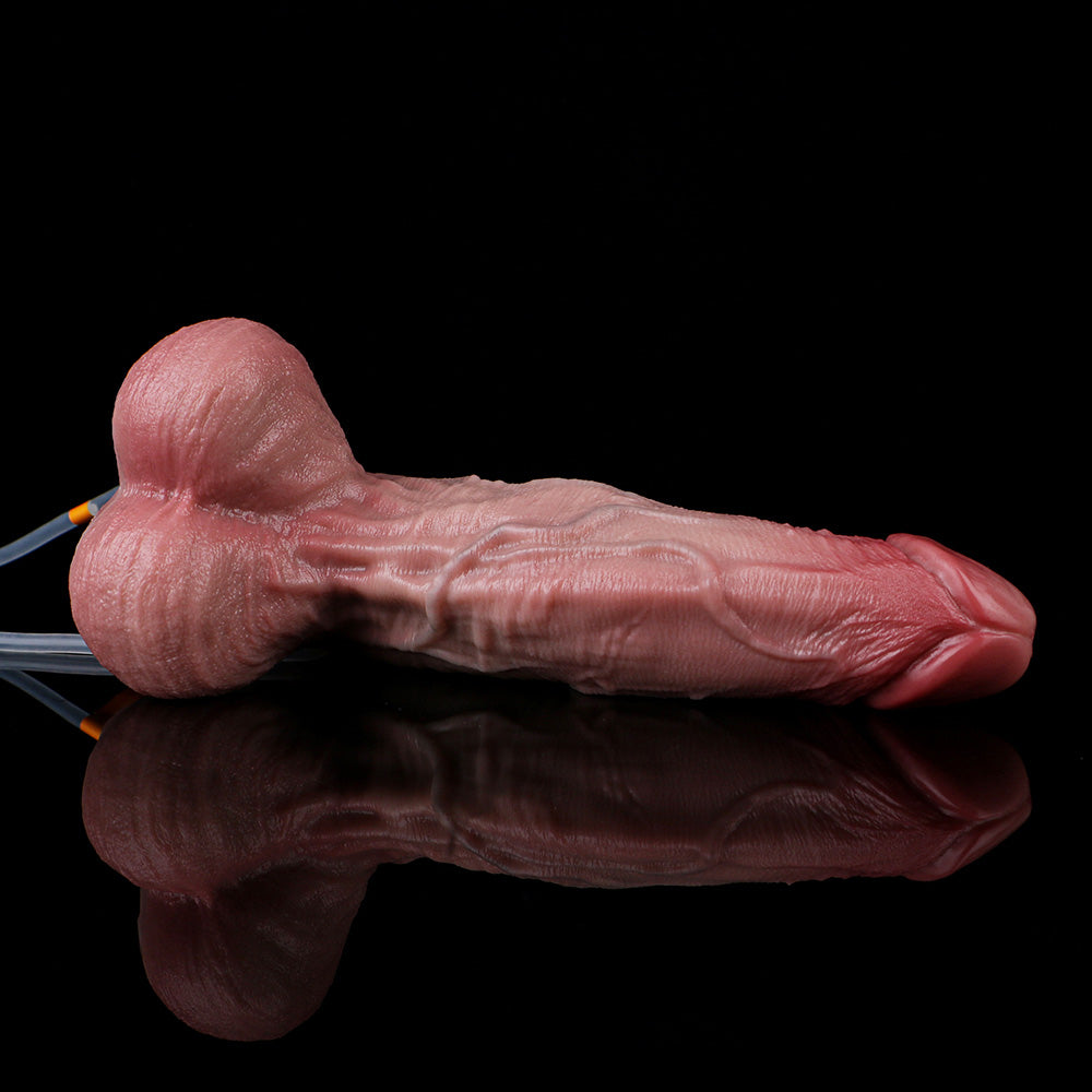 lifelike silicone dildo shown lying sideways to highlight tapered contour and softness